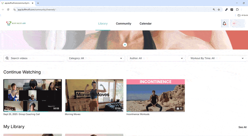 Full exercise library with categories and continue-watching